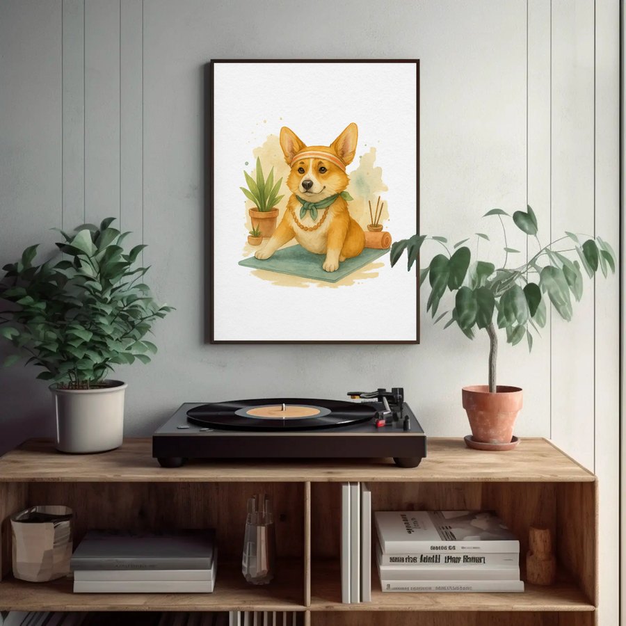 Framed Corgi yoga print above a record player